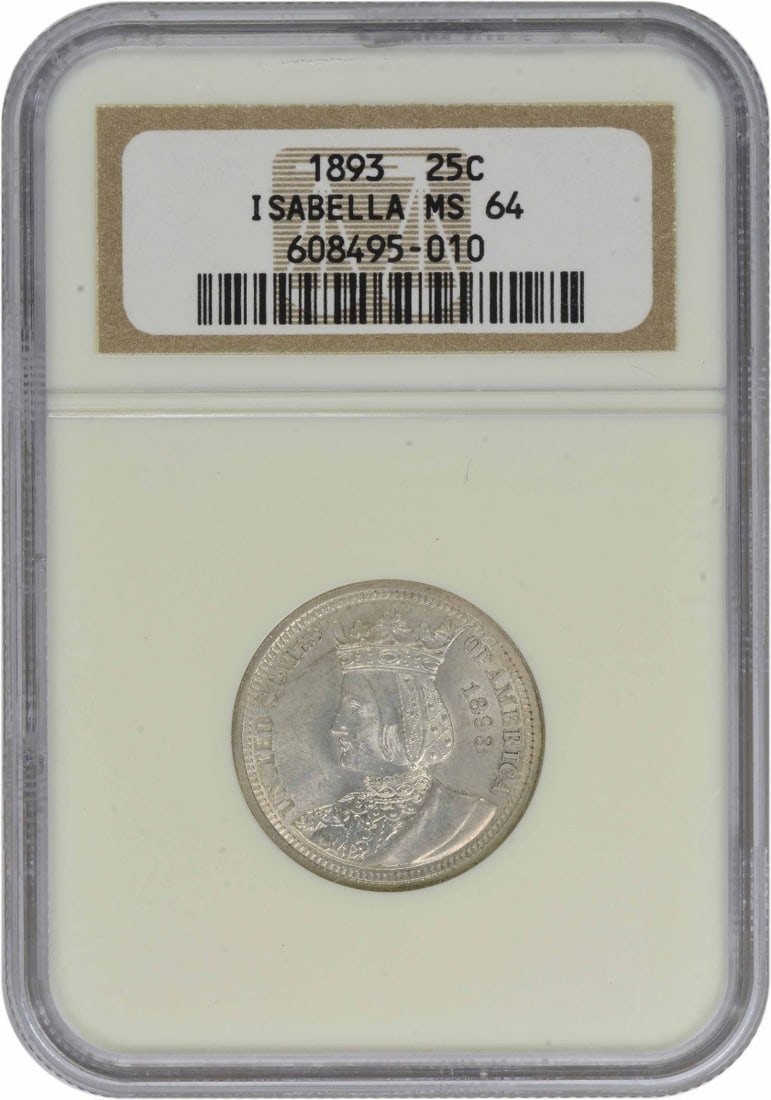 1893 Isabella Commemorative Silver Quarter MS64 NGC: 1893 Isabella Commemorative Silver Quarter MS64 NGC The 1893 Isabella Commemorative Silver Quarter MS64 NGC is a highly detailed and historically significant coin, certified by the Numismatic Guaranty