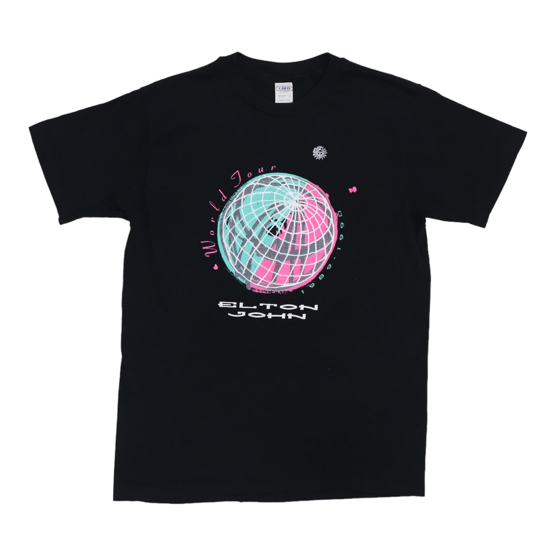 1989 Elton John Tour Shirt: 1989 Elton John Tour Shirt Large vintage 1989 Elton John Tour Shirt. This excellent condition shirt features front and back graphics, with a black color and 50/50 poly/cotton material. Arrives washed 