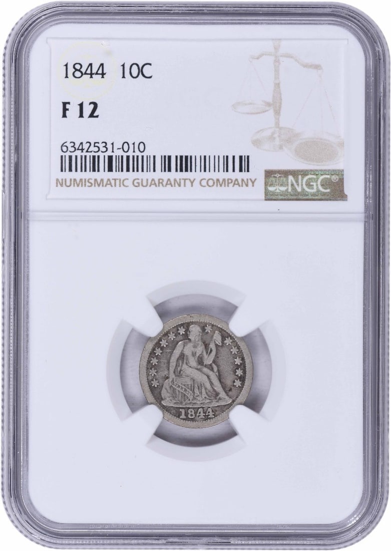 F12 Silver Seated Liberty Dime 1844: F12 Silver Seated Liberty Dime 1844 The F12 Silver Seated Liberty Dime 1844 features a distinctive reeded edge and a diameter of 17.90 millimeters, making it a unique addition to any coin collection. 