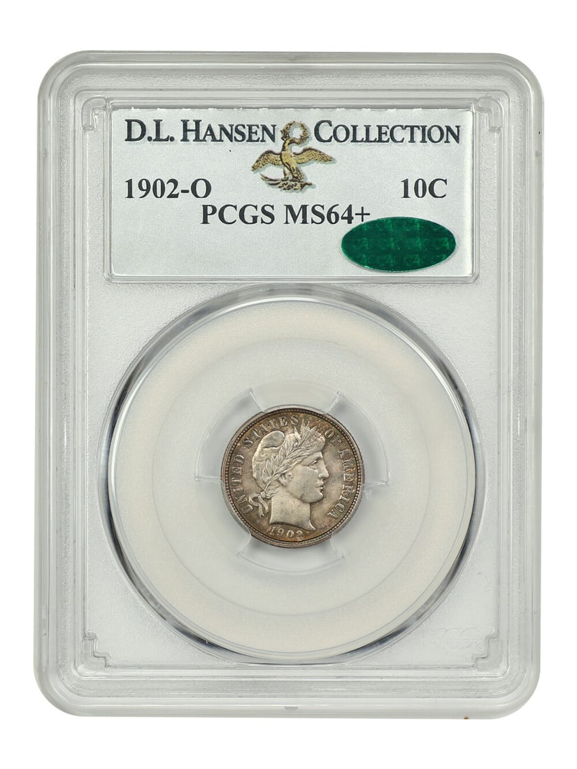 1902-O 10C PCGS/ CAC MS64+ ex: D.L. Hansen - Barber Dime: 1902-O 10C PCGS/ CAC MS64+ ex: D.L. Hansen - Barber Dime The 1902-O Barber Dime, graded MS64+ by PCGS and CAC, boasts exceptional condition with a high level of detail preserved. This uncirculated coi