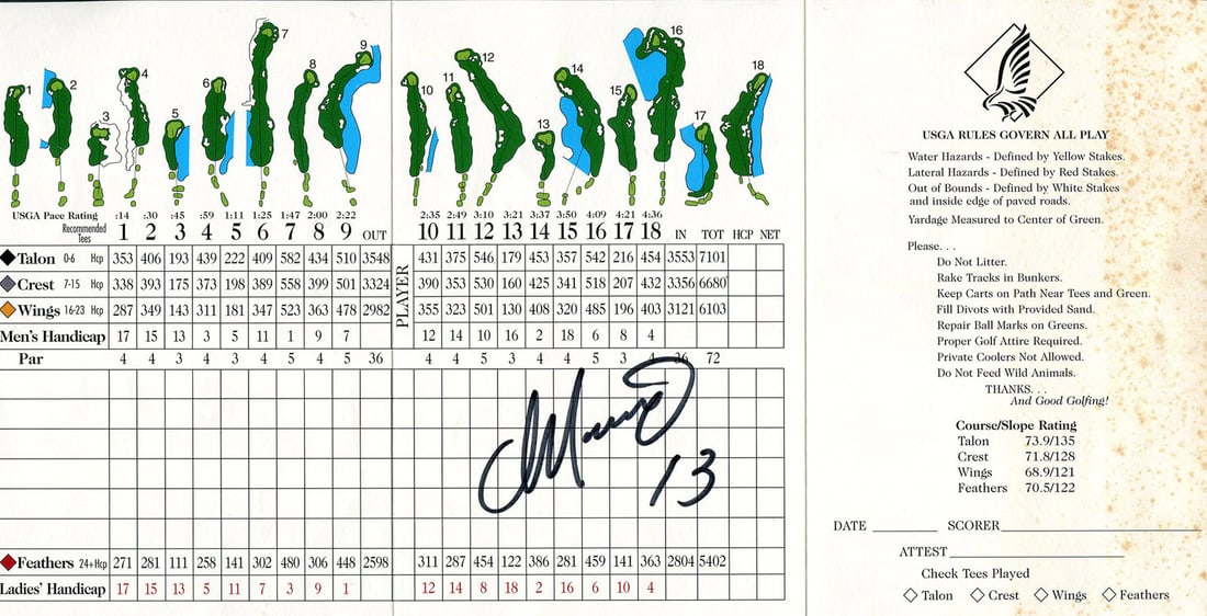 Marino Autographed Golf Score Card: Marino Autographed Golf Score Card Authentic Dan Marino Autographed Golf Score Card. This scorecard bears the signature of NFL legend Dan Marino, signed in black sharpie across the front. Accompanied