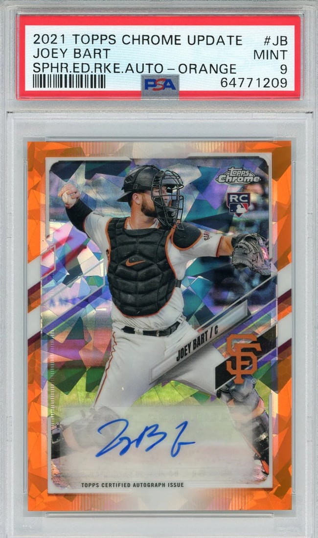 Orange Sapphire Car Autographed Chrome Series Update Topps 2021 Rookie Joey Bart: Orange Sapphire Car Autographed Chrome Series Update Topps 2021 Rookie Joey Bart Orange Sapphire Car Autographed Chrome Series Update Topps 2021 Rookie Joey Bart - Mint 9, Numbered 15/25. This