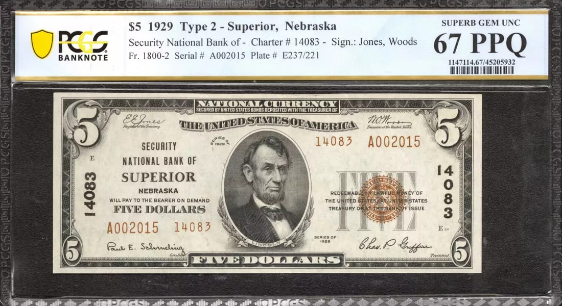 1929 $5 SECURITY NATIONAL BANKNOTE CURRENCY SUPERIOR NEBRASKA PCGS 67 UNC (015): 1929 $5 SECURITY NATIONAL BANKNOTE CURRENCY SUPERIOR NEBRASKA PCGS 67 UNC (015) A 1929 $5 Security National Banknote in PCGS Grade 67 Uncirculated condition, bearing the serial number A002015. This