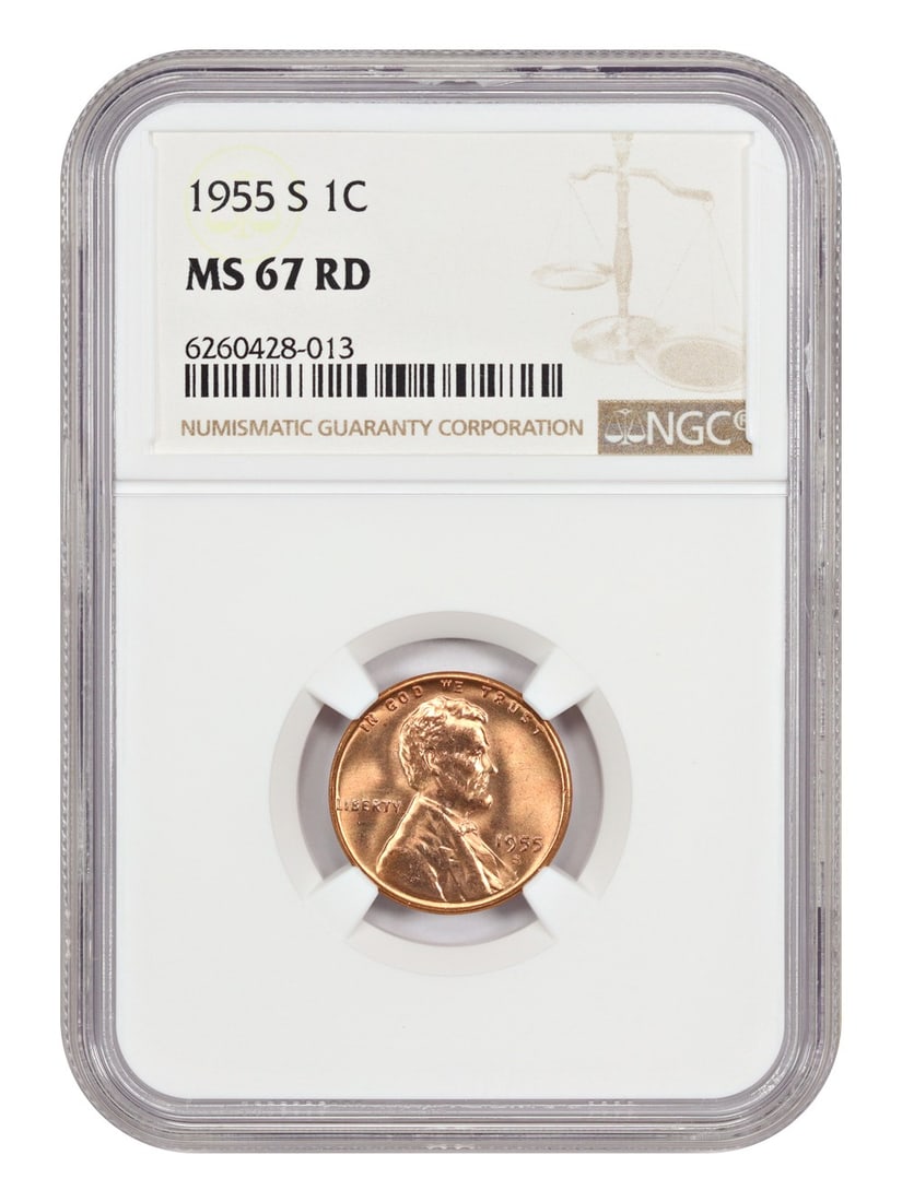 Lincoln Cent Wheat Reverse 1955-S 1C NGC MS67RD: Lincoln Cent Wheat Reverse 1955-S 1C NGC MS67RD The Lincoln Cent Wheat Reverse 1955-S 1C NGC MS67RD features a rich reddish-brown color, characteristic of the San Francisco Mint. This uncirculated coi
