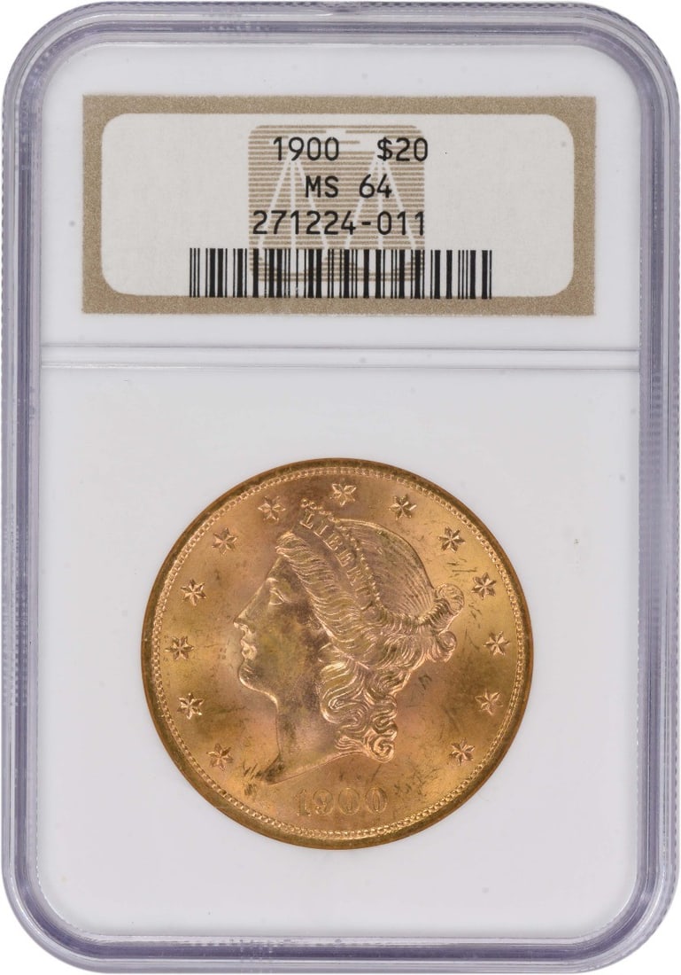 Gold Liberty Head MS64 $20 1900: Gold Liberty Head MS64 $20 1900 The 1900 Gold Liberty Head $20 coin boasts an MS64 grade, showcasing its exceptional condition and rich gold composition. With a diameter of 34mm and a reeded edge, thi