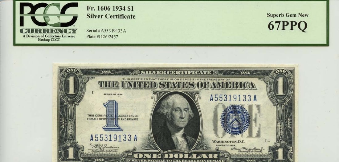 1934 $1 Silver Certificate Blue Seal FR# 1606 PCGS Superb 67 PPQ: 1934 $1 Silver Certificate Blue Seal FR# 1606 PCGS Superb 67 PPQ The 1934 $1 Silver Certificate Blue Seal features a stunning blue seal, a hallmark of its rarity. Graded MS67 by PCGS, this circulated 