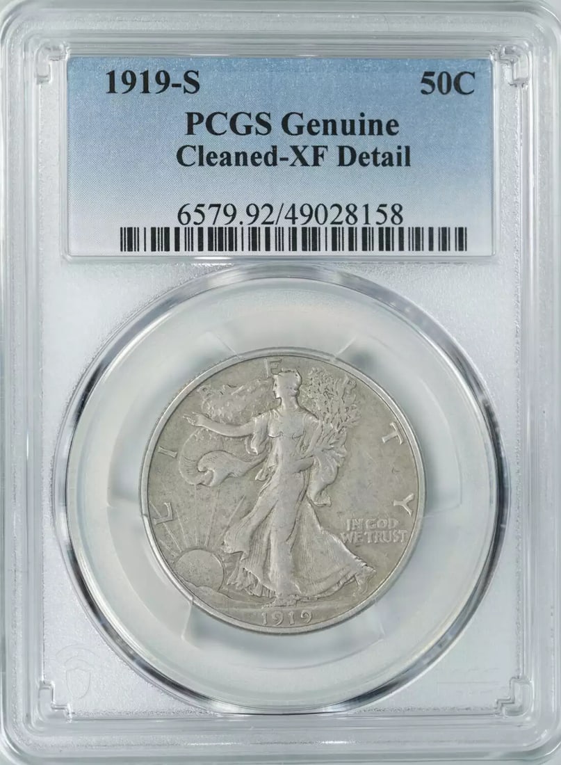 walking liberty half dollar 50c pcgs genuine xf extra fine detail: walking liberty half dollar 50c pcgs genuine xf extra fine detail Genuine Walking Liberty half dollar from 1919, certified by PCGS as Genuine XF with 92 Cleaned details. This circulated coin features 
