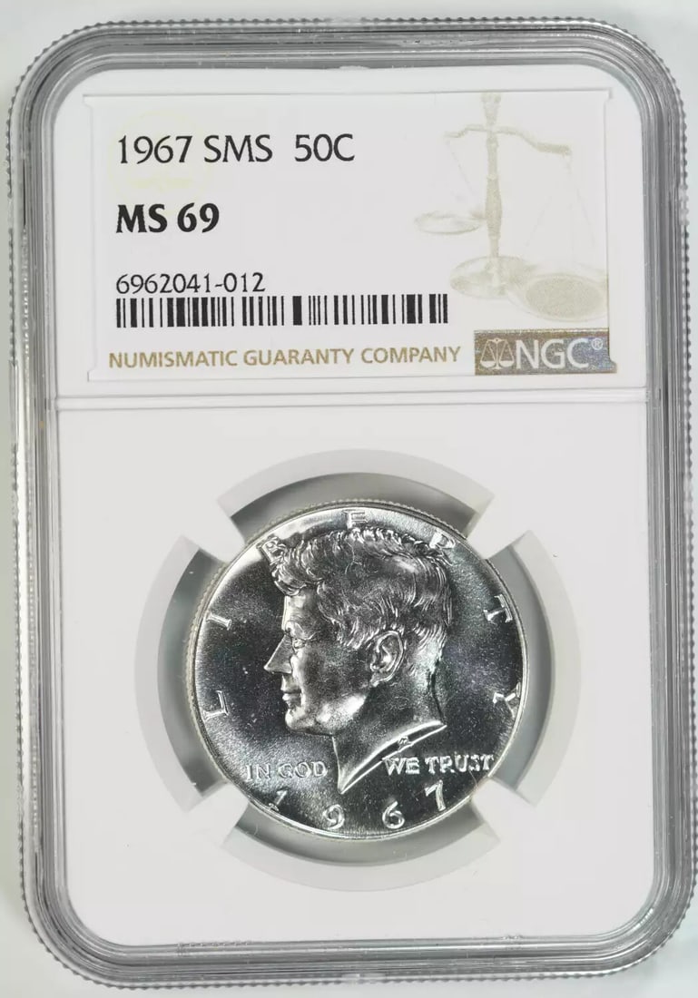 1967 SMS KENNEDY HALF DOLLAR 50C NGC CERTIFIED MS 69 MINT STATE UNC (012): 1967 SMS KENNEDY HALF DOLLAR 50C NGC CERTIFIED MS 69 MINT STATE UNC (012) The 1967 SMS Kennedy Half Dollar, certified MS 69 by NGC, boasts exceptional mint state condition. This uncirculated coin feat