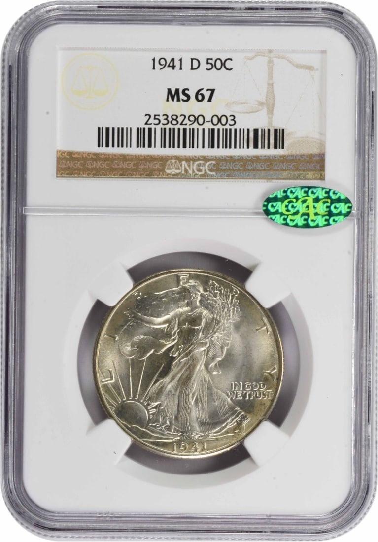 1941-D Walking Liberty Silver Half Dollar MS67 NGC (CAC): 1941-D Walking Liberty Silver Half Dollar MS67 NGC (CAC) The 1941-D Walking Liberty Silver Half Dollar MS67 NGC boasts exceptional condition, with its reeded edge and circulated/ununcirculated certifi