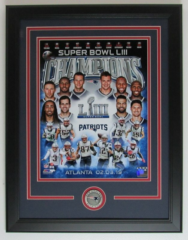 Patriots Super Bowl LIII Champs 11x14 Team Composite Framed Unsigned 142379: Patriots Super Bowl LIII Champs 11x14 Team Composite Framed Unsigned 142379 The Patriots Super Bowl LIII Champs composite framed photo features the New England Patriots team in action, commemorating t