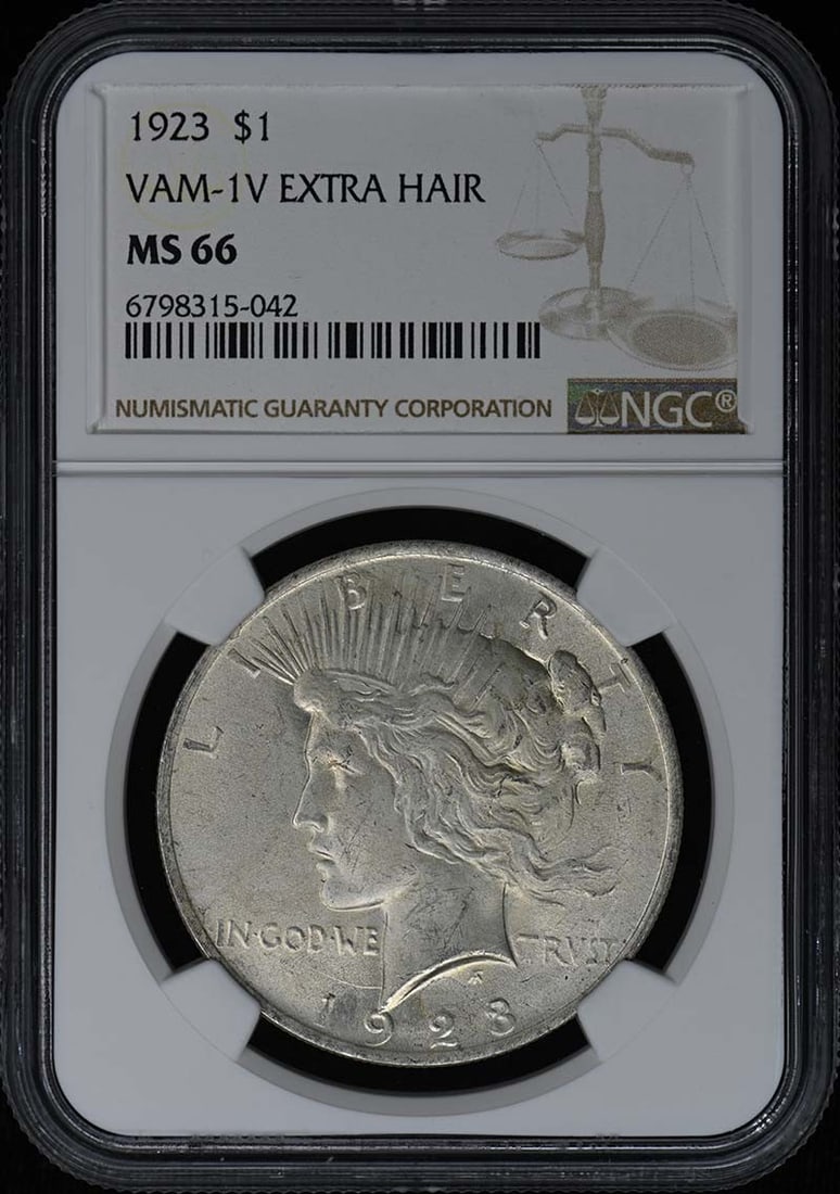 1923 TOP-50 Peace Dollar VAM-1V EXTRA HAIR S$1 NGC MS66: 1923 TOP-50 Peace Dollar VAM-1V EXTRA HAIR S$1 NGC MS66 1923 TOP-50 Peace Dollar VAM-1V EXTRA HAIR S$1 NGC MS66. This uncirculated 1923 Peace Dollar boasts an exceptional grade of MS66, certified by t