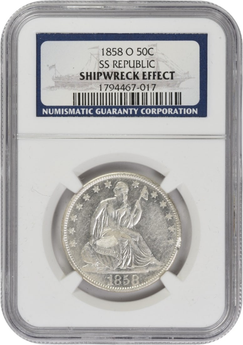 Liberty Seated Silver Half Dollar Shipwreck effect from Republic SS 1858 O NGC: Liberty Seated Silver Half Dollar Shipwreck effect from Republic SS 1858 O NGC The Liberty Seated Silver Half Dollar Shipwreck effect from the Republic SS 1858 O NGC features a unique, weathered appea