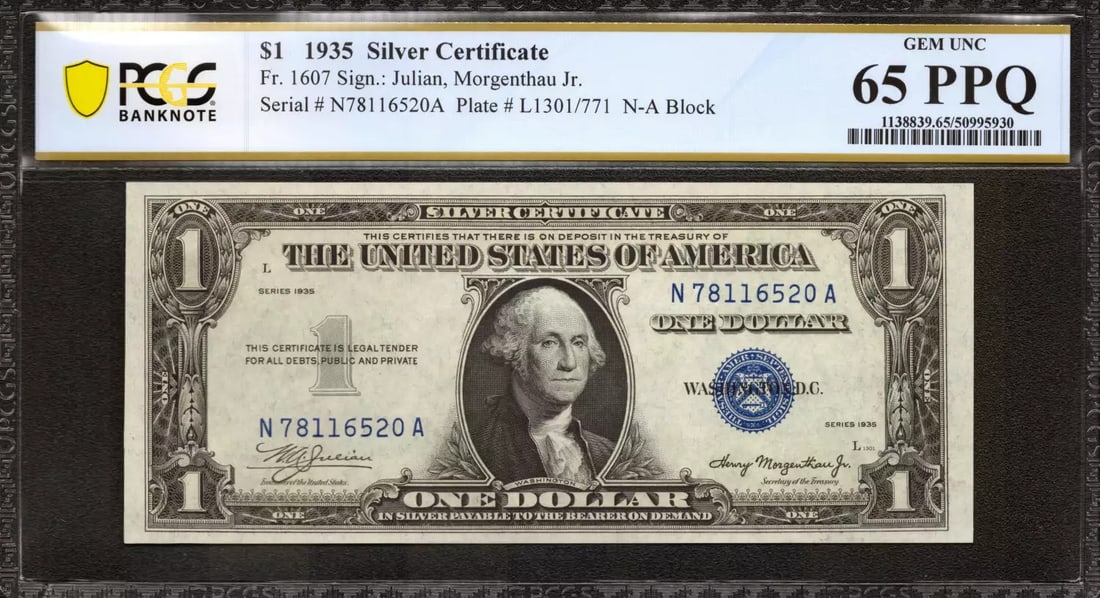 1935 $1 SILVER CERTIFICATE FR.1607 N-A BLOCK PCGS CERTIFIED GEM UNC 65 PPQ (520A: 1935 $1 SILVER CERTIFICATE FR.1607 N-A BLOCK PCGS CERTIFIED GEM UNC 65 PPQ (520A PCGS Certified Gem UNC 65 PPQ, this 1935 $1 Silver Certificate features a stunning grade and exceptional condition. Wit
