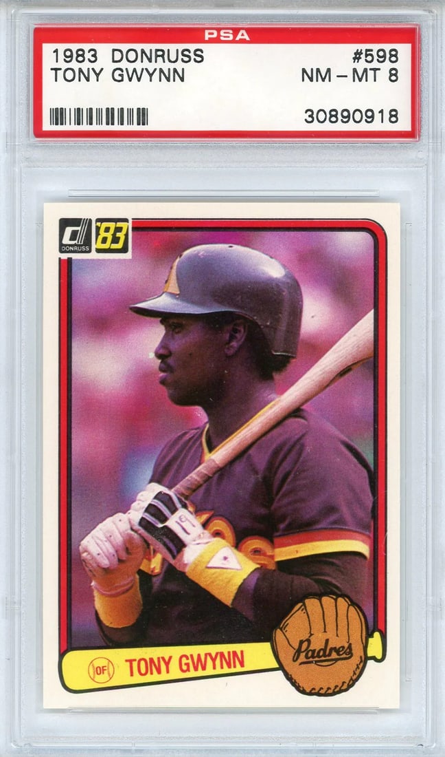 Tony Gwynn 1983 Donruss Card 598 PSA NM-MT 8: Tony Gwynn 1983 Donruss Card 598 PSA NM-MT 8 PSA NM-MT 8 graded Tony Gwynn 1983 Donruss Card #598, showcasing the legendary baseball player's early career in a highly sought-after vintage card. This s