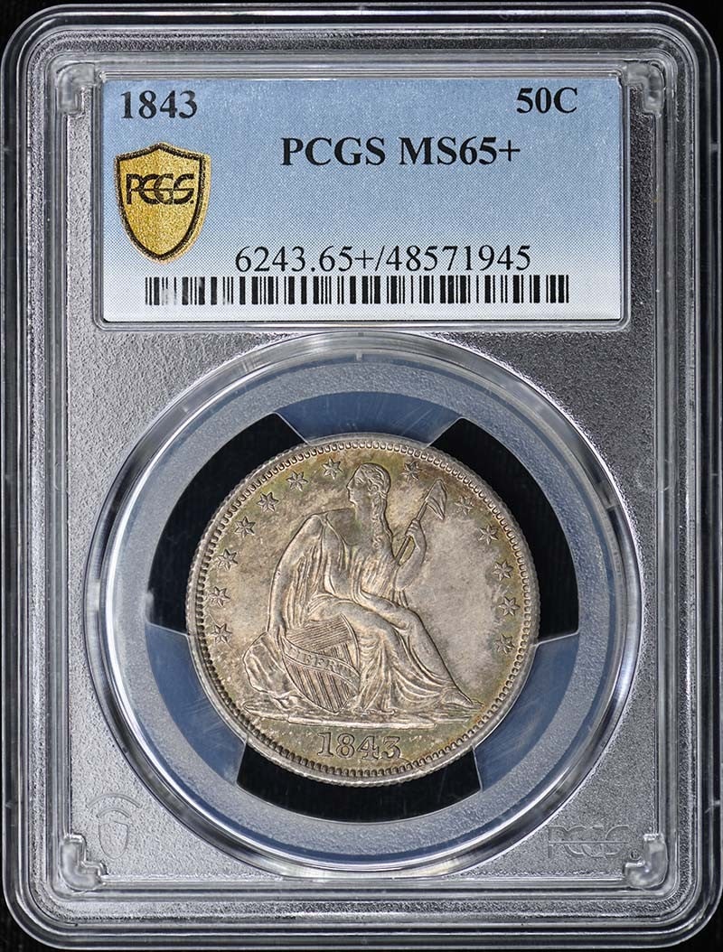1843 50C Liberty Seated Half Dollar PCGS MS65+: 1843 50C Liberty Seated Half Dollar PCGS MS65+ 1843 Liberty Seated Half Dollar PCGS MS65+ - A rare and highly graded example of the iconic Liberty Seated Half Dollar, certified by the prestigious Prof