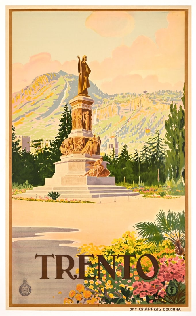 Stone lithograph linen Trento poster Enit 1925 Bologna Italian travel (1 of 3)