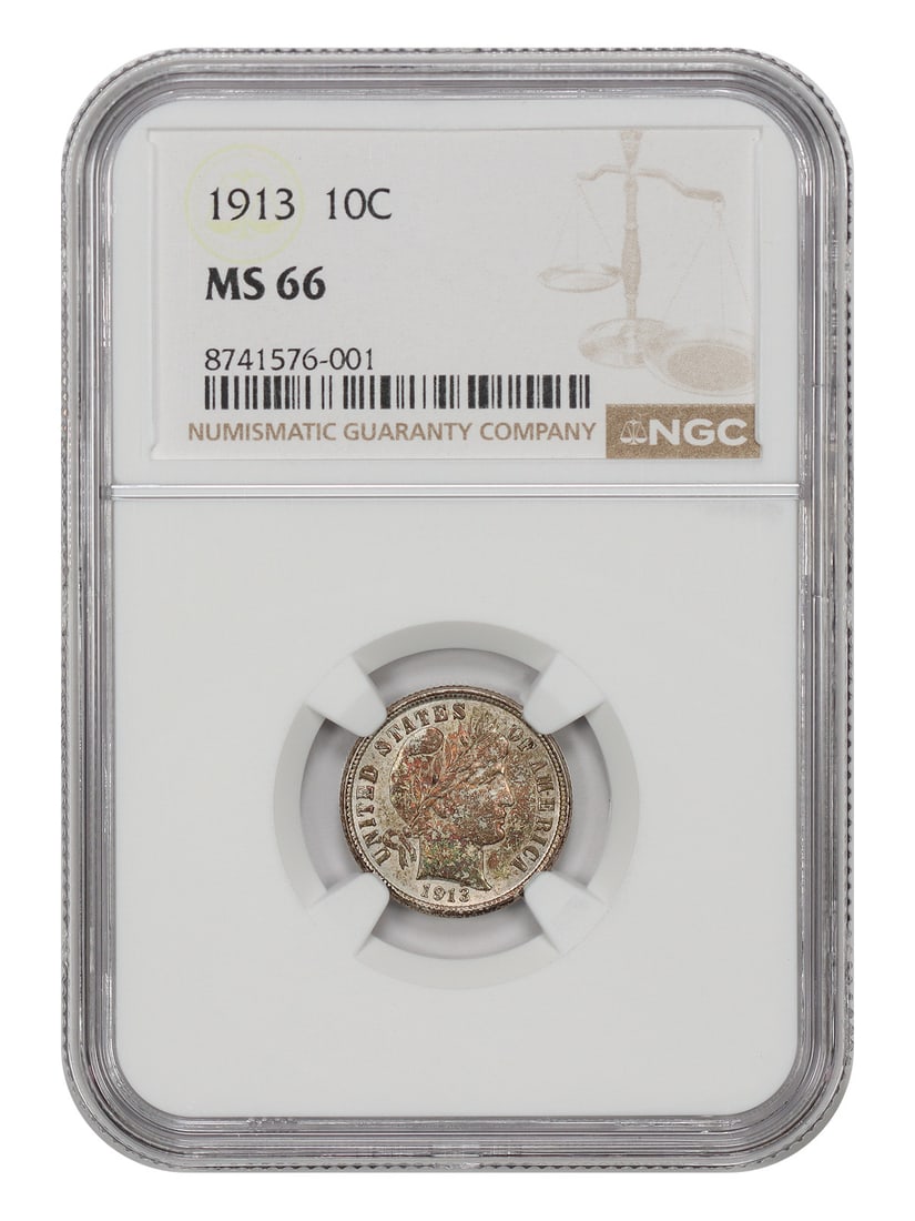 Barber Dime 1913 10c NGC MS66: Barber Dime 1913 10c NGC MS66 The Barber Dime 1913 10c is a highly detailed and well-preserved coin, graded MS66 by the NGC. This uncirculated example boasts excellent strike quality and is a notable 