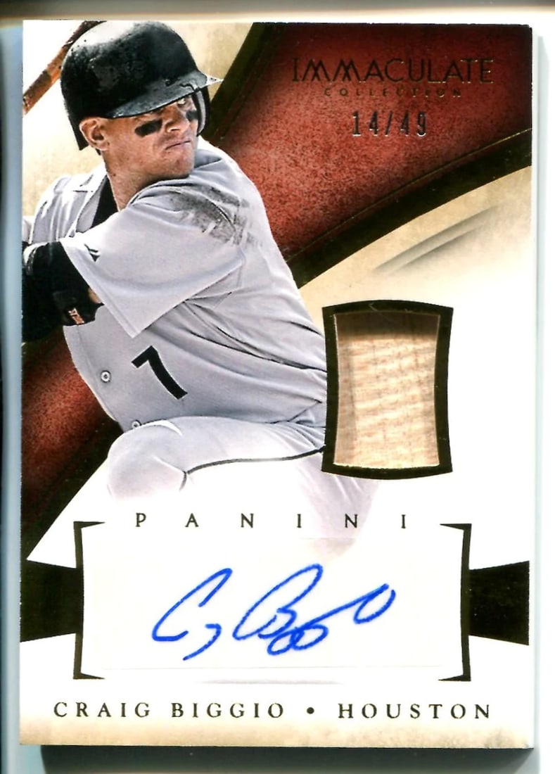 Craig Biggio 2014 Immaculate Collection Game-Used Material/ Autographed Card #14/: Craig Biggio 2014 Immaculate Collection Game-Used Material/ Autographed Card #14/ Game-used material from Craig Biggio's 2014 season, featured on an Immaculate Collection autographed card. The card sh