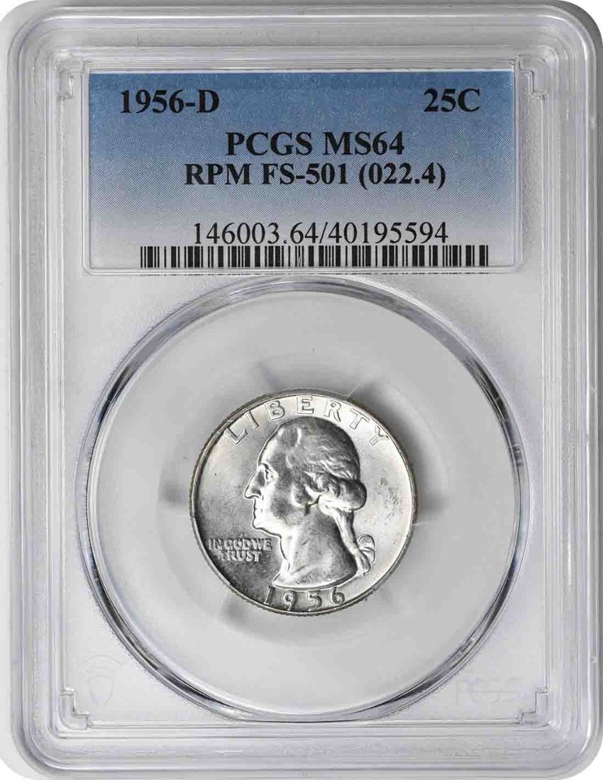 1956-D/ D Washington Silver Quarter RPM FS-501 MS64 PCGS: 1956-D/ D Washington Silver Quarter RPM FS-501 MS64 PCGS The 1956-D Washington Silver Quarter features a distinctive design by John Flanagan, with its reeded edge and 90% silver composition. This MS64