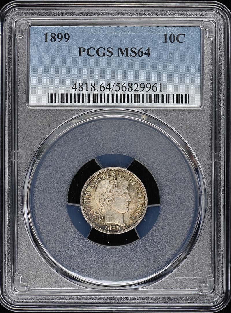 MS64 Barber dime 10C 1899: MS64 Barber dime 10C 1899 MS64 Barber dime 10C 1899, certified by PCGS and graded MS64, showcases its exceptional condition with an uncirculated mint mark from the Philadelphia location. This rare coi