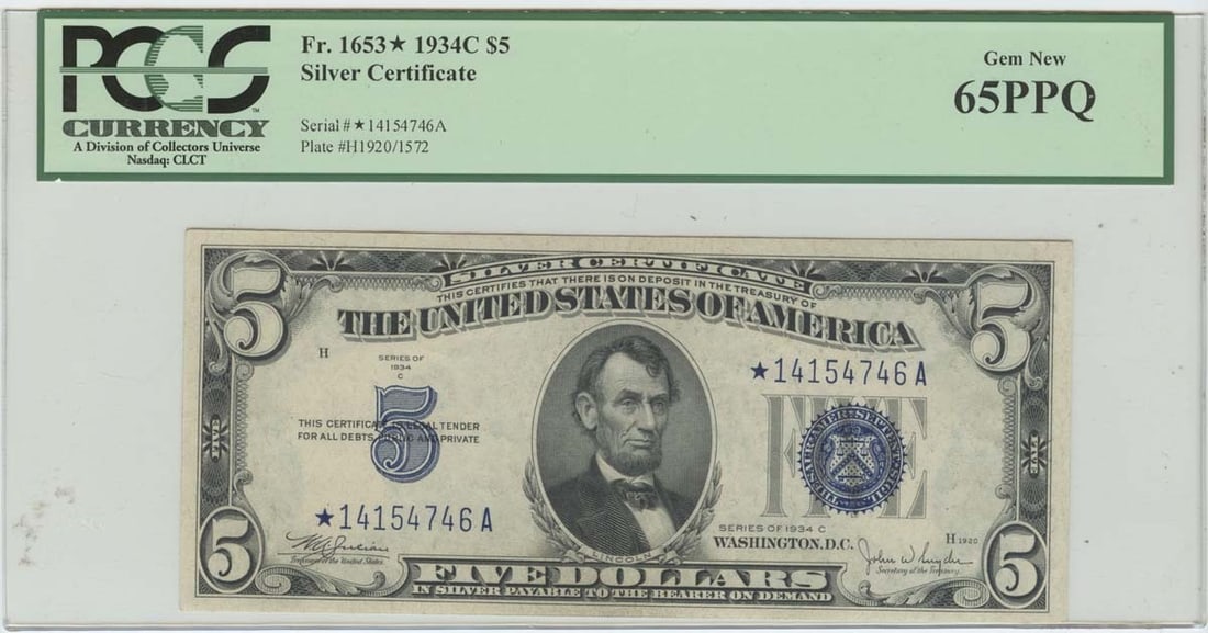 1934C $5 Silver CertificateFR# 1653* Star Note PCGS 65PPQ Gem New: 1934C $5 Silver CertificateFR# 1653* Star Note PCGS 65PPQ Gem New The 1934C $5 Silver Certificate, PCGS graded MS65 PPQ Gem New, boasts a striking appearance with its crisp paper and precise printing.