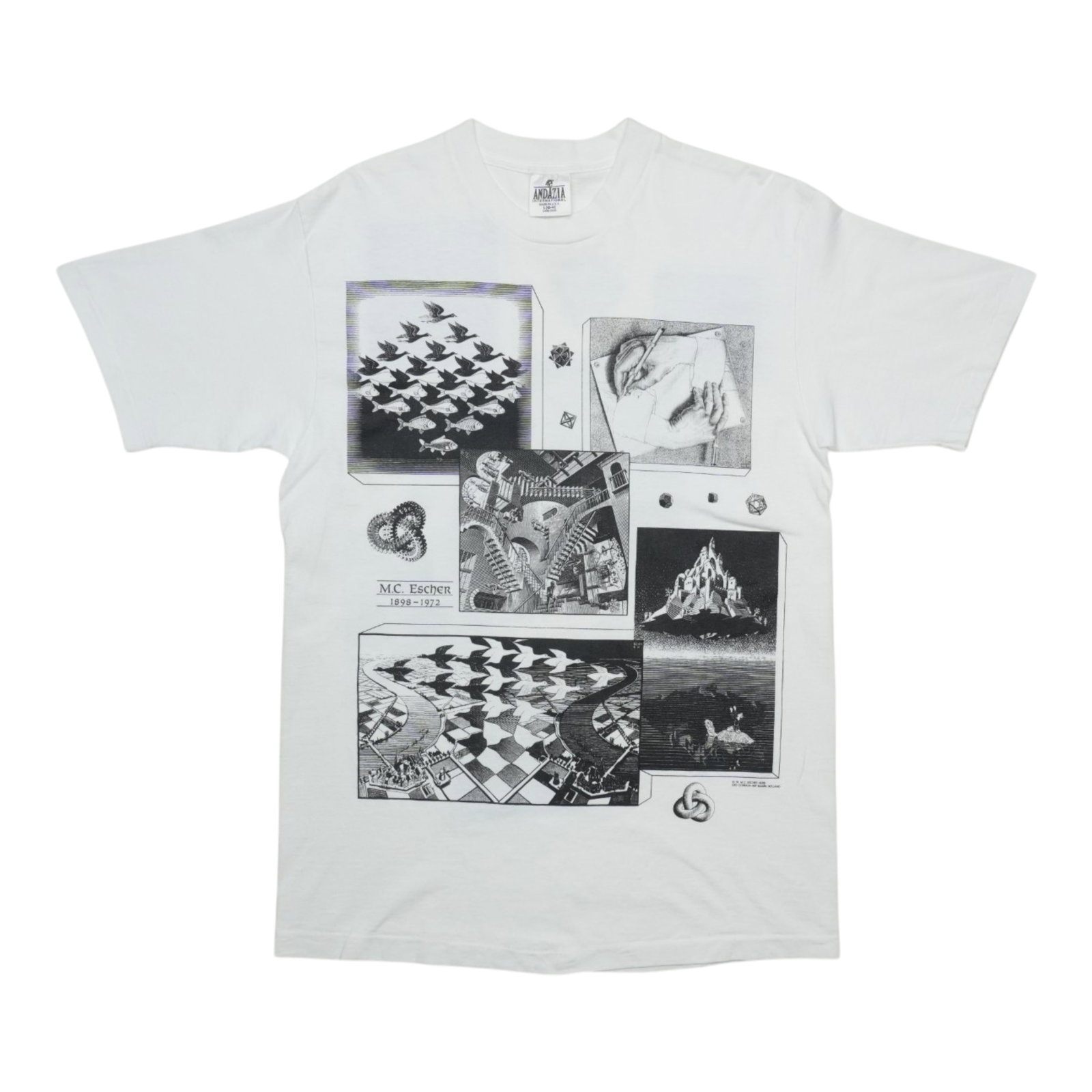 M C Escher Shirt 1991: M C Escher Shirt 1991 Large vintage M.C. Escher shirt from 1991, featuring a front graphic only, with measurements indicating a fit of 21 inches pit to pit and 31 inches collar to hem. The shirt is in