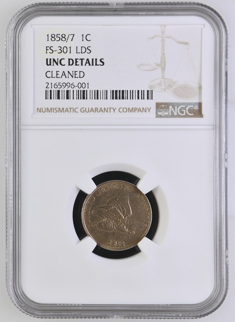 1858/ 7 FS-301 LATE DIE STATE OVERDATE FLYING EAGLE CENT NGC UNC DETAILS - RARE: 1858/ 7 FS-301 LATE DIE STATE OVERDATE FLYING EAGLE CENT NGC UNC DETAILS - RARE Item Specifics: Circulated/Uncirculated: Unknown Denomination: Cent Coin: Flying Eagle Composition: Copper Year: 1858 Ce