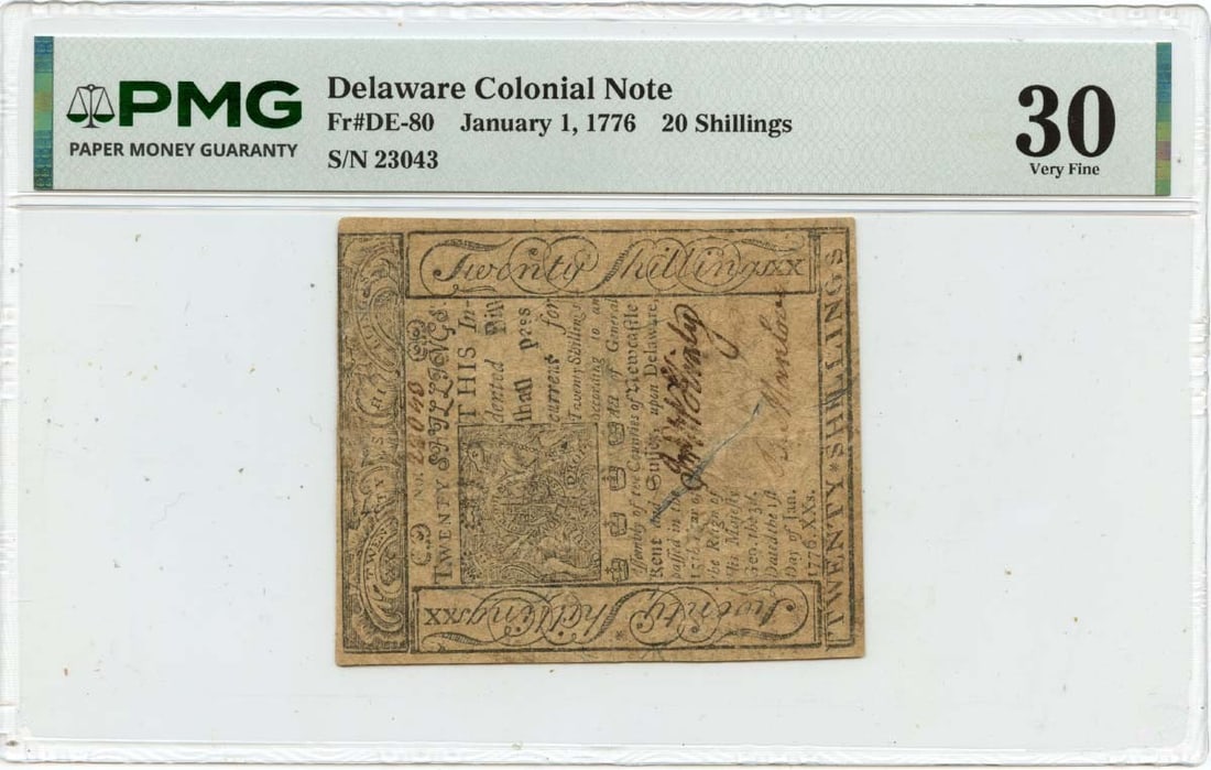 1776 January 1, 20s Delaware Colonial Note FR#DE-80 PMG VF30: 1776 January 1, 20s Delaware Colonial Note FR#DE-80 PMG VF30 This 1776 January 1, 20s Delaware Colonial Note features a unique design and bears the signature of its creator. Certified by PMG as VF30, 