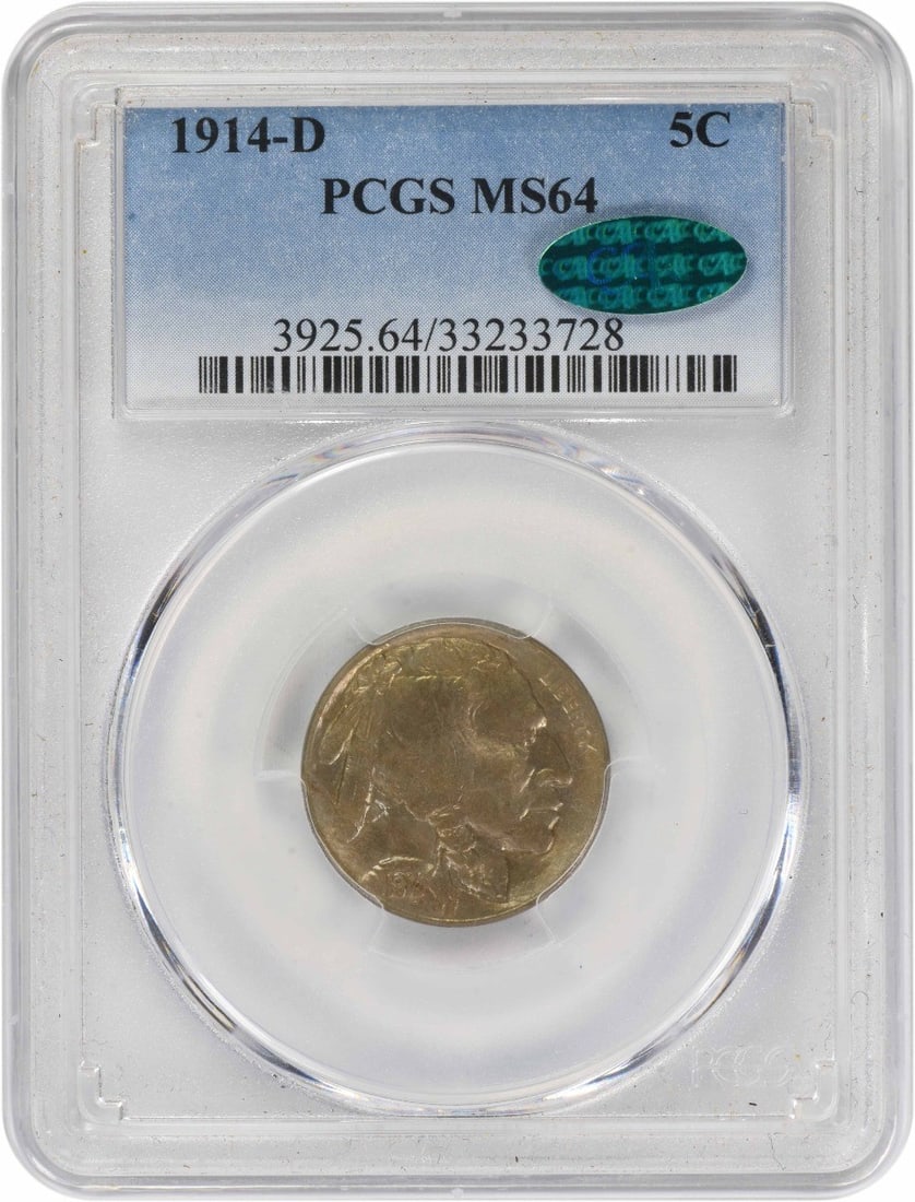 1914-D Buffalo Nickel MS64 PCGS (CAC): 1914-D Buffalo Nickel MS64 PCGS (CAC) The 1914-D Buffalo Nickel MS64 PCGS is a highly detailed and well-preserved coin, boasting an impressive grade of MS64. Certified by the PCGS, its circulated stat