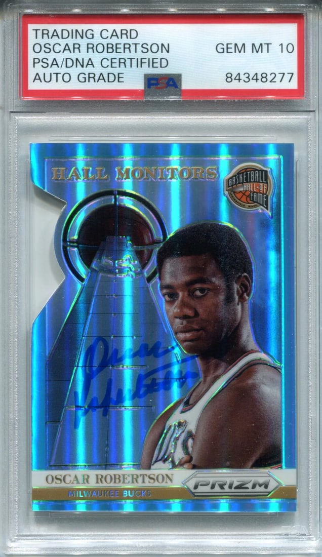 Oscar Robertson Autographed 2013-14 Panini Prizm Hall Monitors Card (PSA): Oscar Robertson Autographed 2013-14 Panini Prizm Hall Monitors Card (PSA) Signed by Oscar Robertson in blue sharpie across the front, this 2013-14 Panini Prizm Hall Monitors card is graded Gem Mint 10