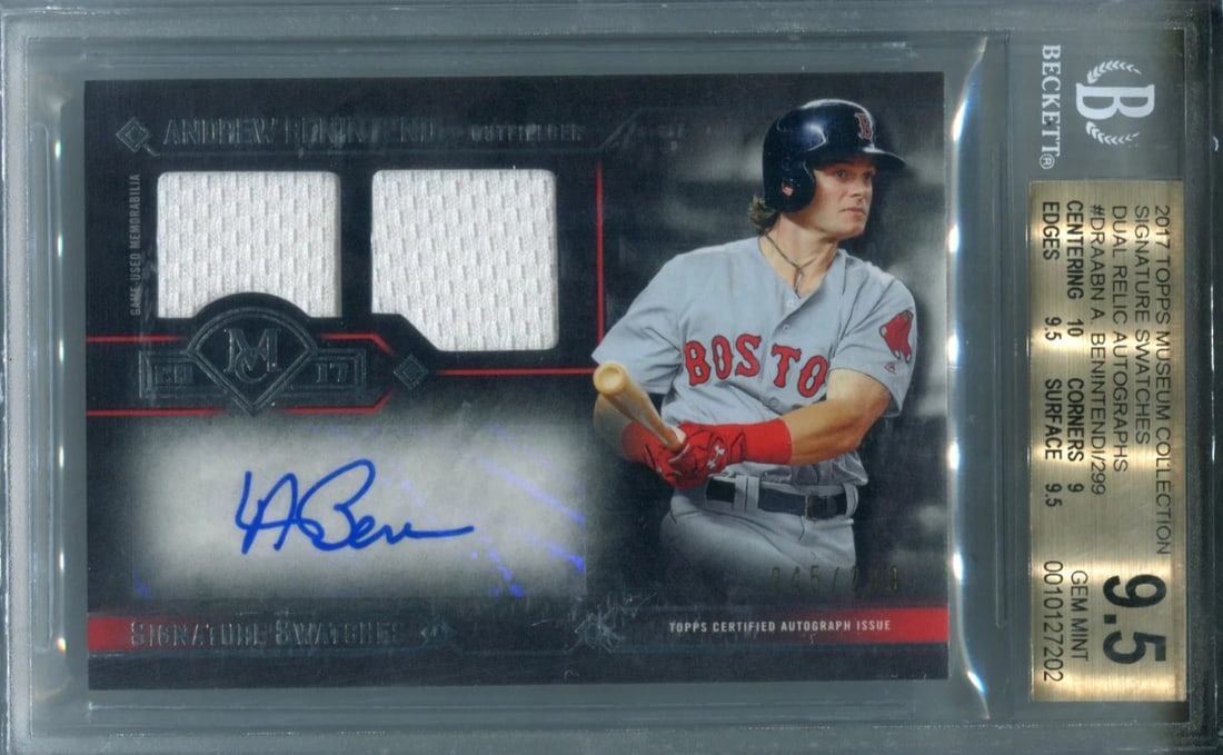Andrew Benintendi 2017 Topps Museum Collection Dual Relic Auto Card: Andrew Benintendi 2017 Topps Museum Collection Dual Relic Auto Card The Andrew Benintendi 2017 Topps Museum Collection Dual Relic Auto Card features a sharpie signature across the front, numbered 245/
