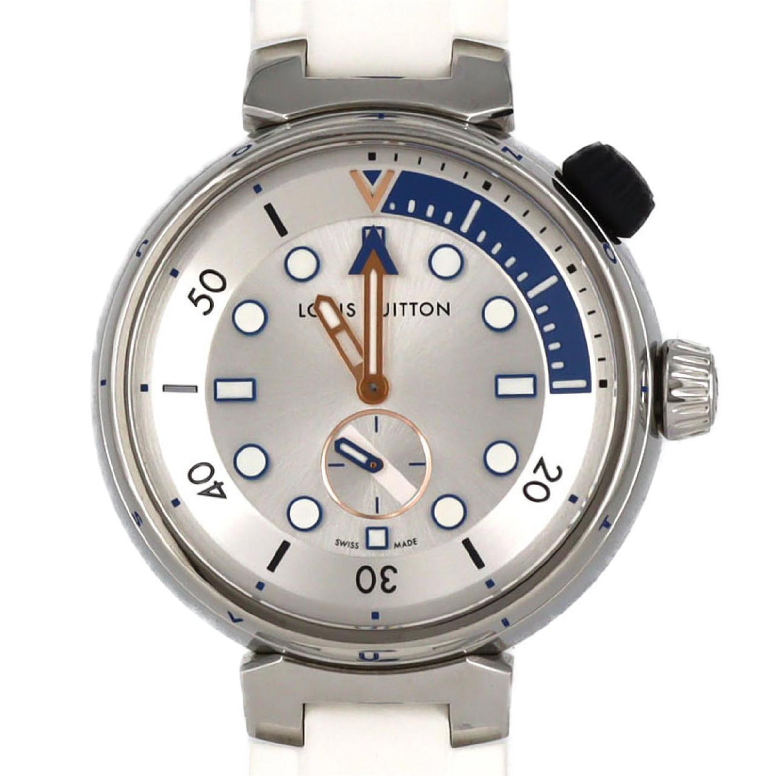 Louis Vuitton Wristwatch: Louis Vuitton Wristwatch Stainless steel case and rubber band provide a sleek, modern look for this Louis Vuitton wristwatch. The silver dial features a classic design with a quartz movement, keeping 