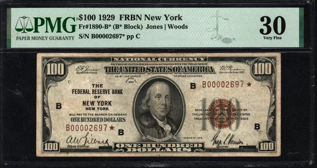 FRBN STAR NOTE $100 NEW YORK PMG 30 FR.1890-B JONES WOODS VF 1929: FRBN STAR NOTE $100 NEW YORK PMG 30 FR.1890-B JONES WOODS VF 1929 The FRBN STAR NOTE $100 NEW YORK PMG 30 is a circulated example from the 1929 series, bearing the signature of artist Jones Woods. Thi