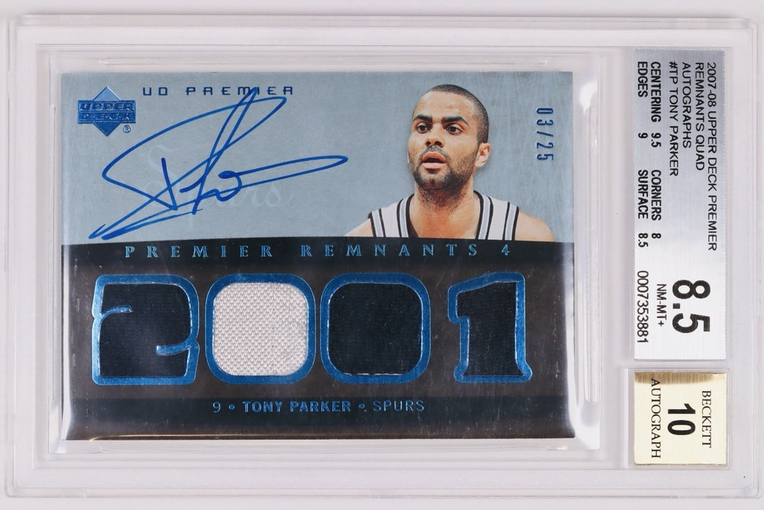 Parker Tony 2007 08 Premier Remants Auto Quad Game BGS 8.5 Auto 25: Parker Tony 2007 08 Premier Remants Auto Quad Game BGS 8.5 Auto 25 Tony Parker's 2007-08 Upper Deck Premier Remants Auto Quad Game card, graded BGS 8.5, is a highly sought-after collectible from the 2