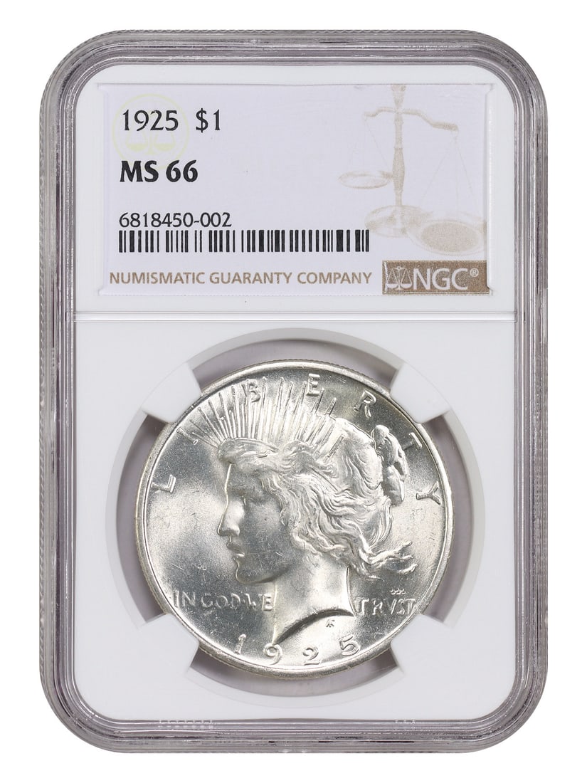 MS66 NGC 1 1925 Peace Popular Dollar Collector: MS66 NGC 1 1925 Peace Popular Dollar Collector MS66 NGC 1 1925 Peace Popular Dollar Collector is graded MS66 by the Numismatic Guaranty Corporation (NGC) and certified as a 1 1925 Peace Popular Dollar