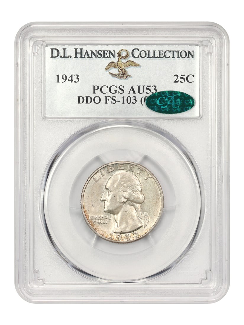 1943 25c PCGS/ CAC AU53 (Doubled Die Obverse, FS-103) ex: D.L. Hansen: 1943 25c PCGS/ CAC AU53 (Doubled Die Obverse, FS-103) ex: D.L. Hansen The 1943 Washington Quarter, graded AU53 by PCGS and CAC, boasts an intriguing Double Die Obverse error (FS-103) that sets it apar