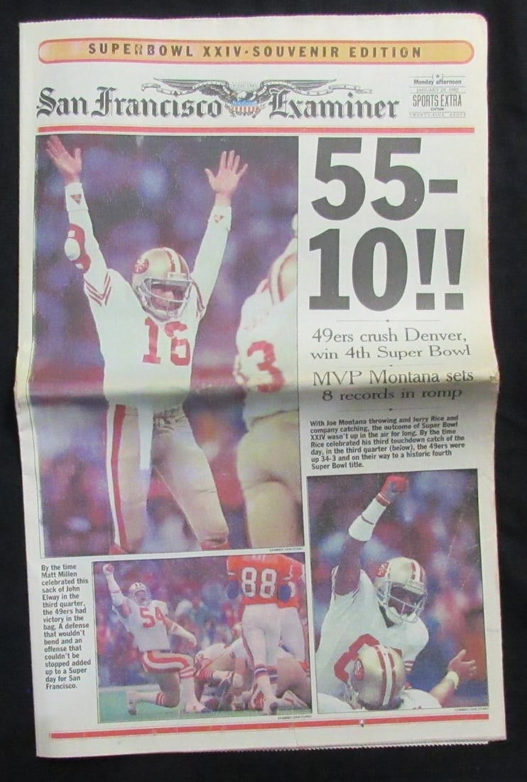 San Francisco Examiner Newspaper 1/ 29/ 1990 49ers Super Bowl XXIV Champs 190809: San Francisco Examiner Newspaper 1/ 29/ 1990 49ers Super Bowl XXIV Champs 190809 Signed by the San Francisco 49ers, this January 29th, 1990 issue of the San Francisco Examiner celebrates the team's Su