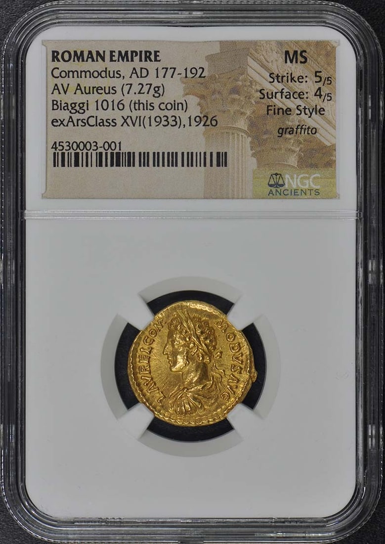 Commodus, AD 177-192 ROMAN Aureus NGC MS Strike 5/ 5, Surface 5/ 4 Fine Style: Commodus, AD 177-192 ROMAN Aureus NGC MS Strike 5/ 5, Surface 5/ 4 Fine Style NGC MS Strike 5/5, Surface 5/4 Fine Style - A Highly Detailed Ancient Roman Aureus. This stunning coin boasts an exception