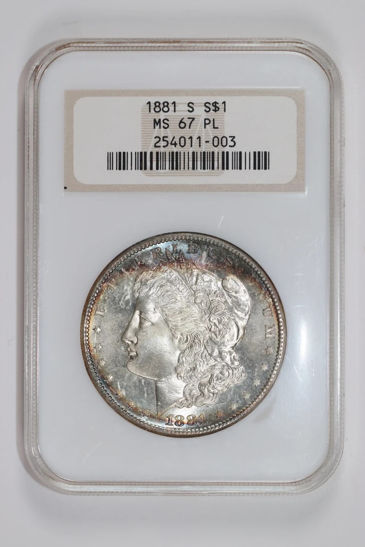 1881-S MORGAN DOLLAR NGC MS67 PL OLD FATTY HOLDER RAINBOW WOW PQ COIN: 1881-S MORGAN DOLLAR NGC MS67 PL OLD FATTY HOLDER RAINBOW WOW PQ COIN The 1881-S Morgan Dollar, graded MS67 by the NGC, boasts exceptional silver content and stunning condition. This uncirculated