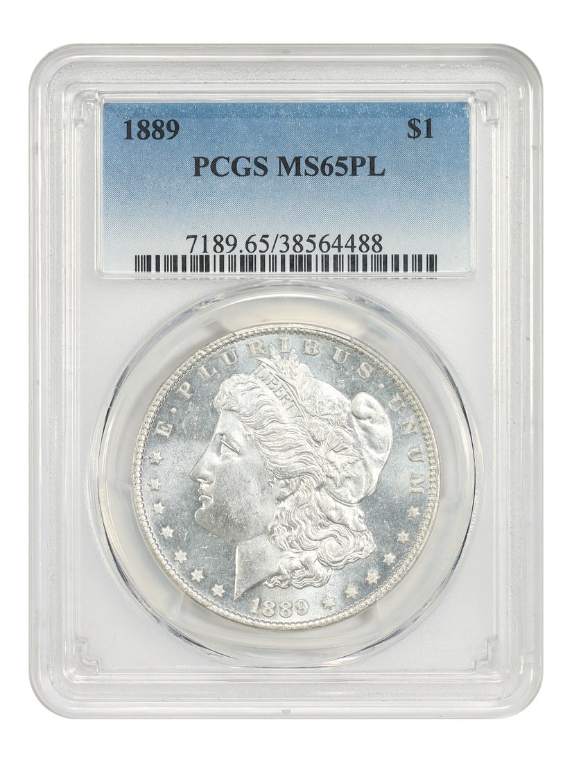 1889 $1 PCGS MS65PL - Morgan Dollar: 1889 $1 PCGS MS65PL - Morgan Dollar The 1889 $1 PCGS MS65PL Morgan Dollar is an uncirculated coin with a high grade of 65, certified by the Professional Coin Grading Service (PCGS). Its striking desig