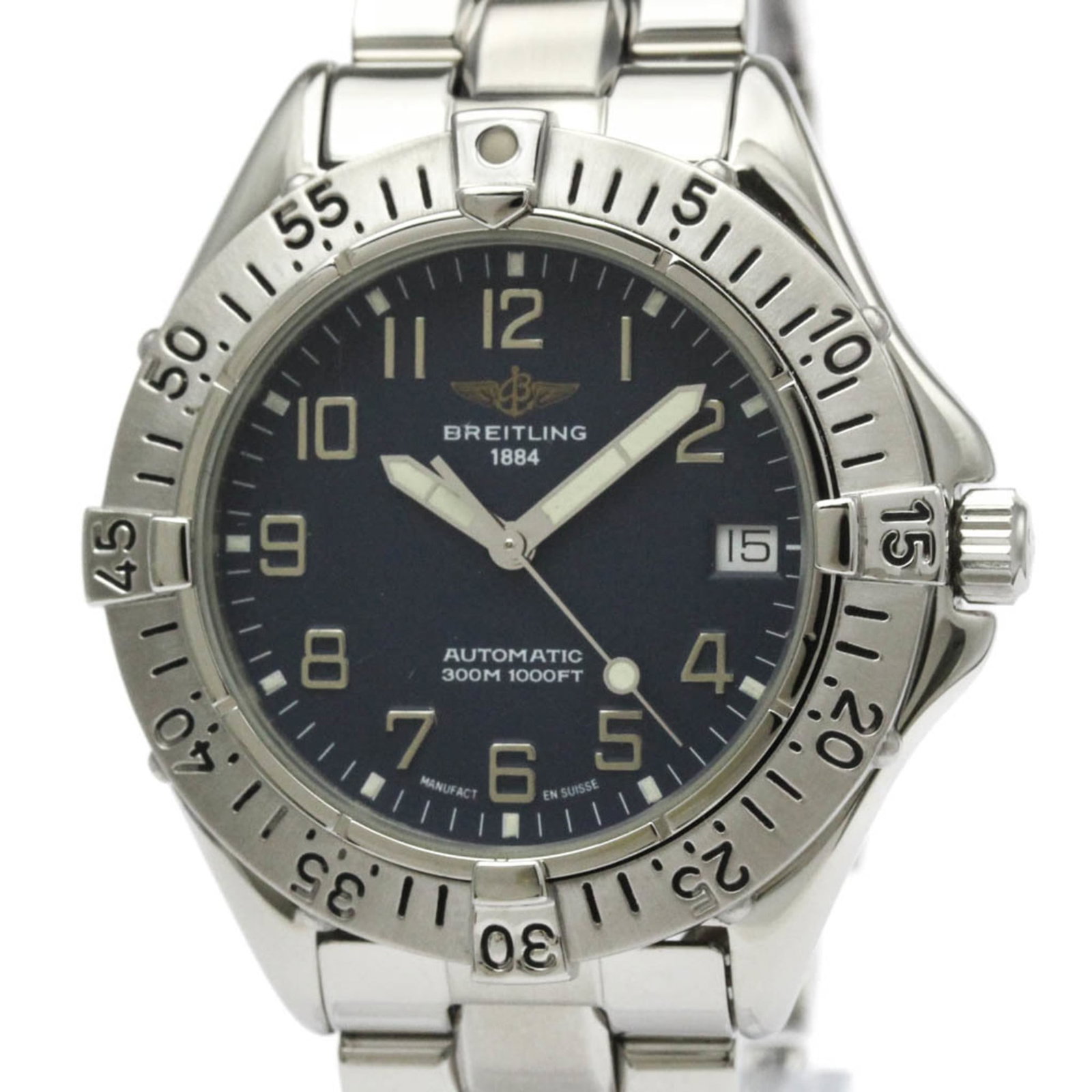 Breitling Wristwatch: Breitling Wristwatch Stainless steel case and band provide a sleek, sporty look for the Breitling Colt wristwatch. The self-winding automatic movement powers this 38mm timepiece with date functionalit