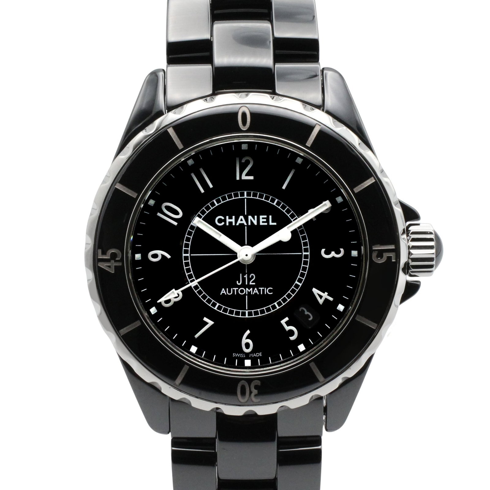 Wristwatch by Chanel: Wristwatch by Chanel Ceramic case and band, black dial, self-winding automatic movement, and a sleek 38.7mm diameter make this Chanel wristwatch a stylish accessory for those who appreciate modern des