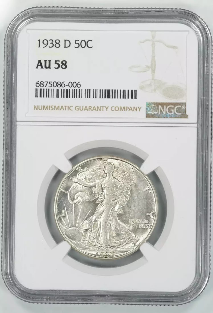 1938 D WALKING LIBERTY HALF DOLLAR 50C NGC CERTIFIED AU 58 ABOUT UNC (006): 1938 D WALKING LIBERTY HALF DOLLAR 50C NGC CERTIFIED AU 58 ABOUT UNC (006) The 1938 D Walking Liberty Half Dollar features a striking design, with Lady Liberty walking forward, symbolizing freedom and