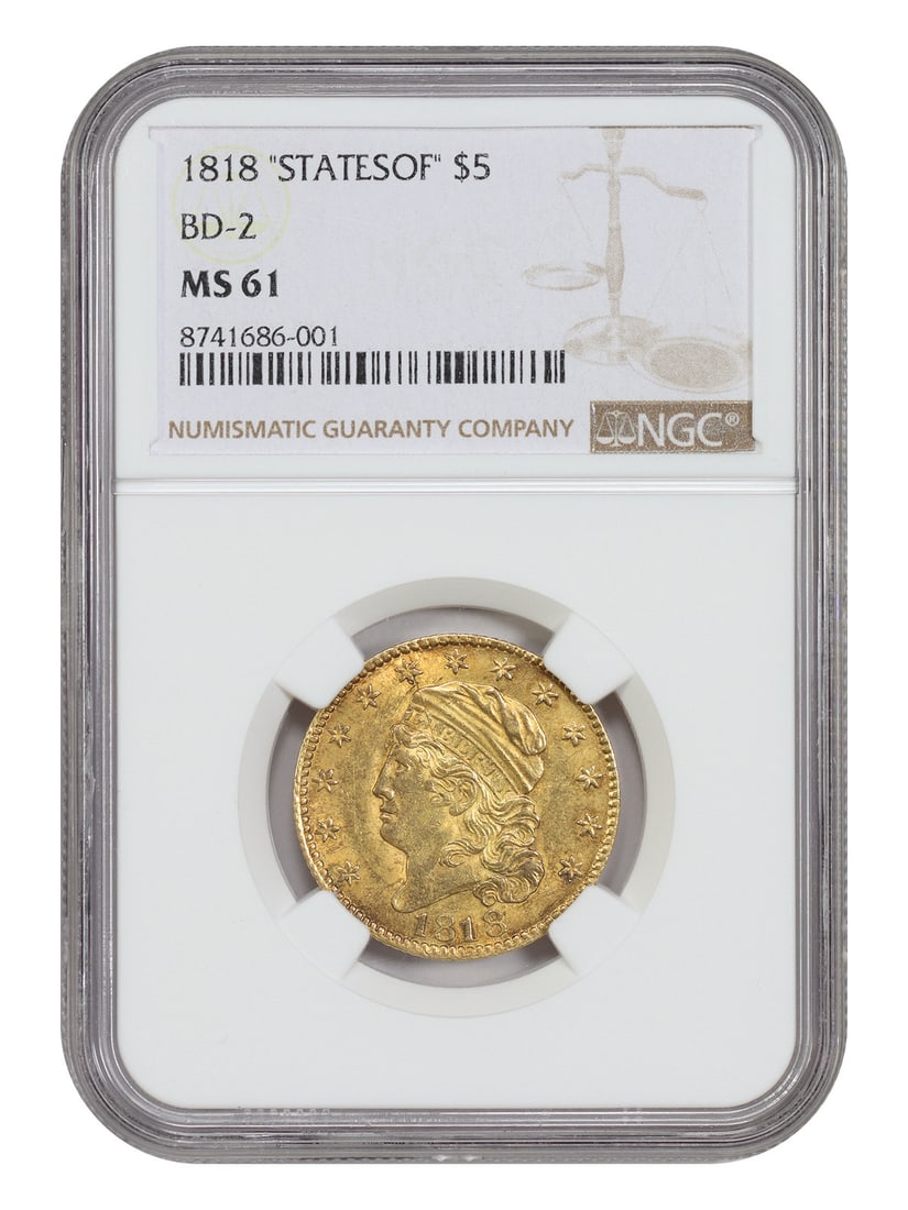 1818 $5 NGC MS61 (BD-2, STATESOF) - Capped Bust $5: 1818 $5 NGC MS61 (BD-2, STATESOF) - Capped Bust $5 The 1818 $5 NGC MS61 is a rare and highly detailed example of the Capped Bust $5, certified by the Numismatic Guaranty Corporation. This uncirculated