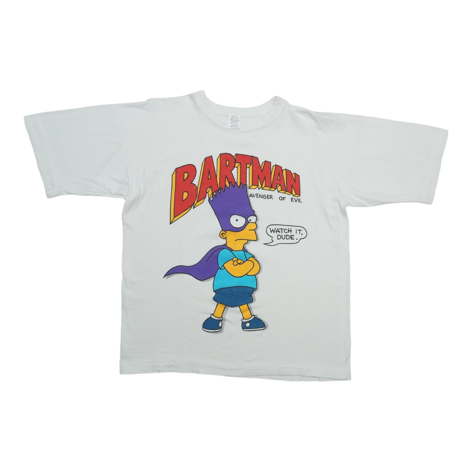 1990 The Simpsons Bartman Avenger of Evil Shirt: 1990 The Simpsons Bartman Avenger of Evil Shirt The Simpsons Bartman Avenger of Evil Shirt is a rare 1990 vintage find, boasting a bold white design and classic 100% cotton construction. Measuring 22"