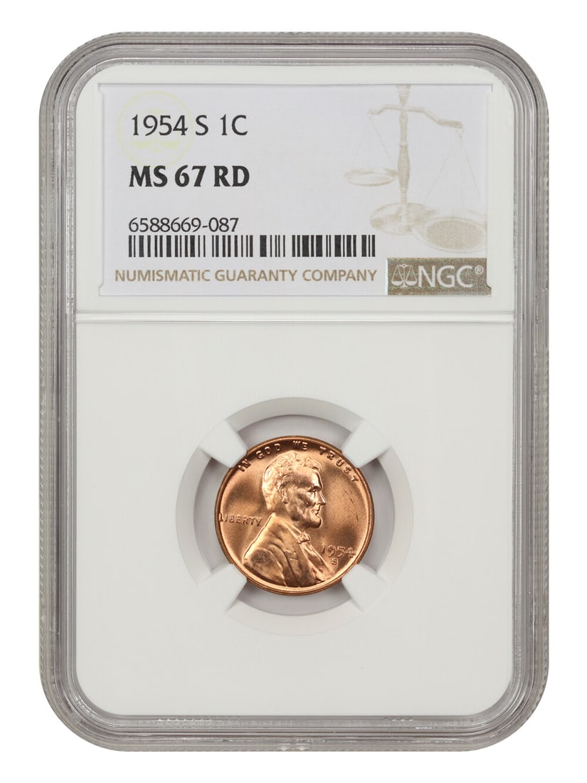 MS67 RD 1c 1954-S: MS67 RD 1c 1954-S MS67 RD 1c 1954-S, graded uncirculated by the NGC with a high grade designation of 67. This coin features a striking design from the Wheat Reverse series and was minted in San Franci