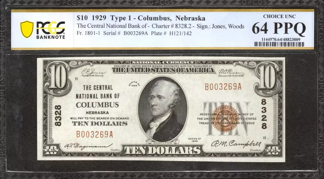 NEBRASKA 1929 CENTRAL BANK NOTE COLUMBUS $10 PCGS CH UNC 64 PPQ: NEBRASKA 1929 CENTRAL BANK NOTE COLUMBUS $10 PCGS CH UNC 64 PPQ The Nebraska $10 bill from 1929, certified by PCGS as having a grade of 64 PPQ in circulated condition. This note bears the signature of