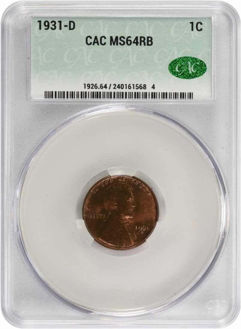 1931-D Lincoln Cent MS64RB CACG: 1931-D Lincoln Cent MS64RB CACG The 1931-D Lincoln Cent MS64RB CACG is a highly detailed and circulated uncirculated coin, graded by the Coin Advisory Guide (CACG) as Circulated/Uncirculated. This cop