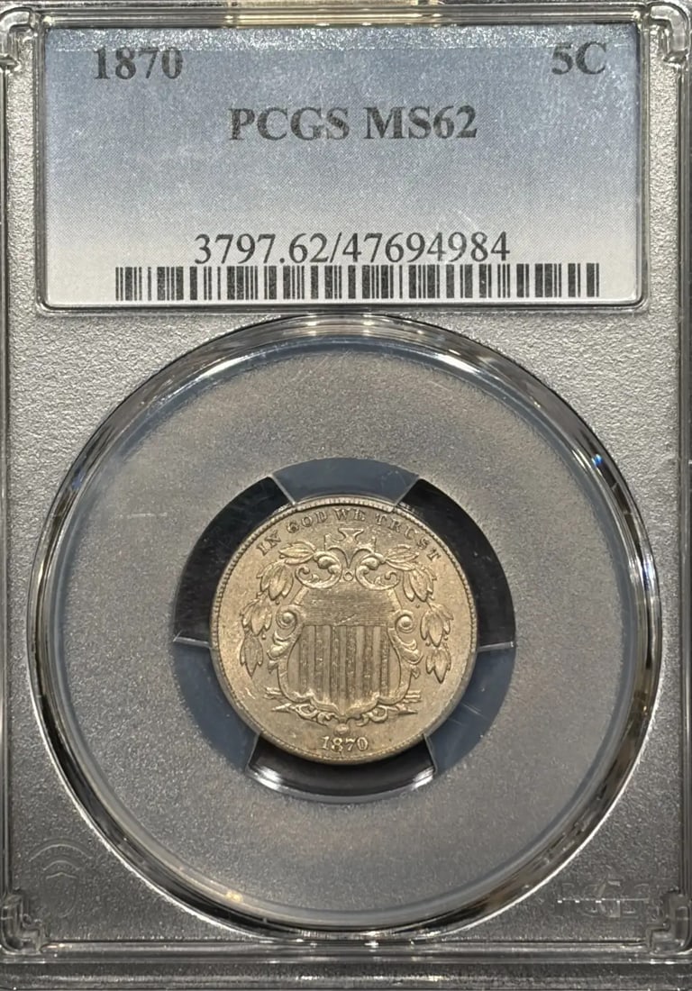 Shield Nickel 1870 PCGS MS62: Shield Nickel 1870 PCGS MS62 Shield Nickel 1870 PCGS MS62 features a circulated uncirculated condition and bears the mark of the Philadelphia Mint. Certified by PCGS with a grade of MS 62, this coin s