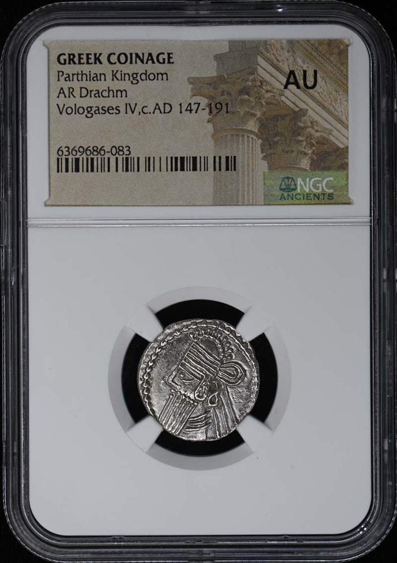 Parthian Kingdom GREEK COINAGE AR Drachm NGC AU: Parthian Kingdom GREEK COINAGE AR Drachm NGC AU NGC AU Grade Parthian Kingdom GREEK COINAGE AR Drachm - A highly detailed and well-preserved ancient Greek coin, certified by the Numismatic Guaranty Co